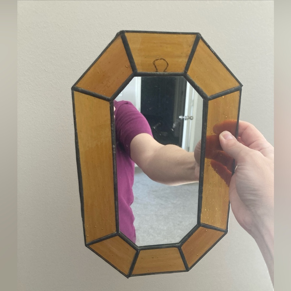 Vintage MCM Octagonal Mirror Stained Glass Slag Glass Panels Orange Retro Granny
